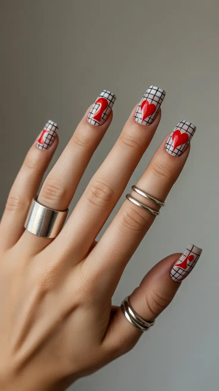 Square Nail Designs 2026 Grid Nails with Red Hearts