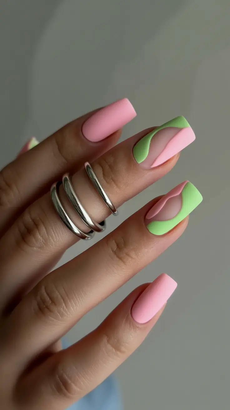 Square Nails Inspiration 2026 Pink Green