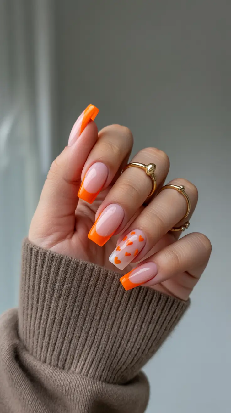 Square Nails Inspiration 2026 Orange Hearts