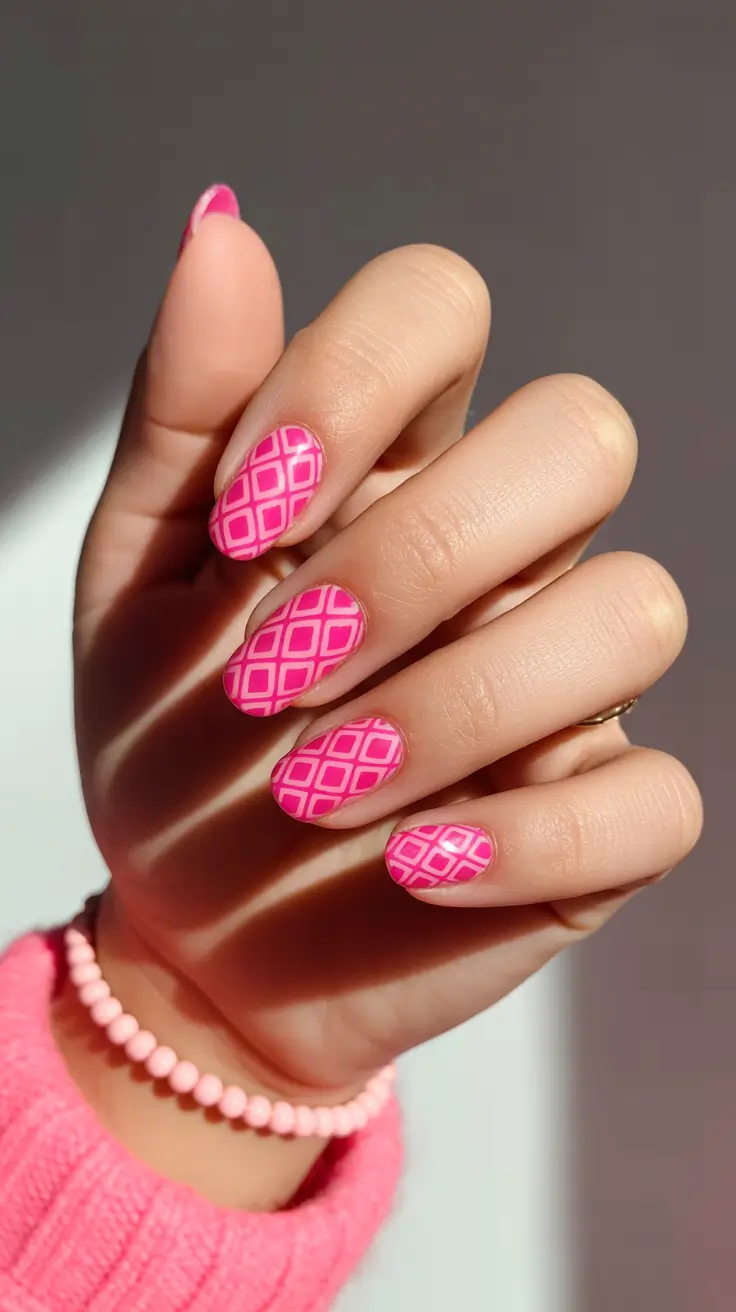 Stylish Acrylic Nails 2026 Pink Graphic Short