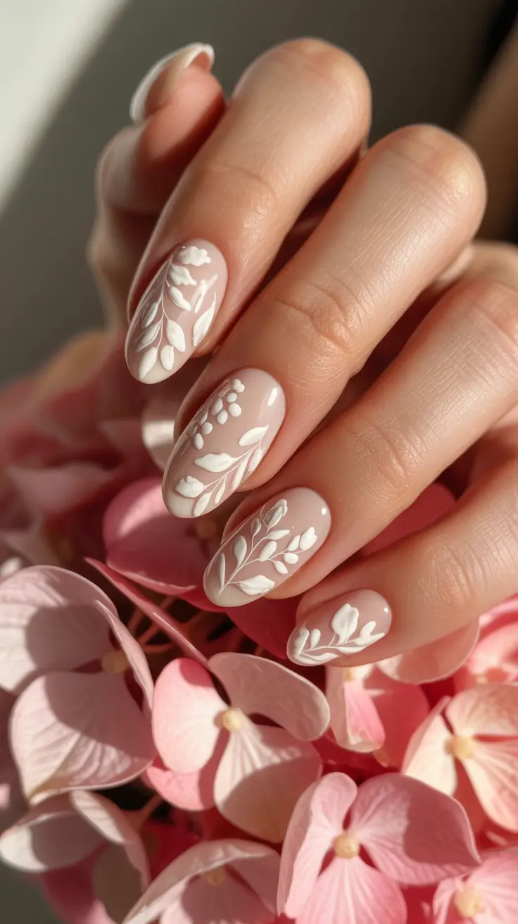 Stylish Acrylic Nails 2026 Nude Floral Almond