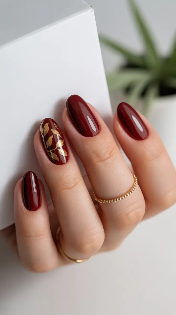 Stylish Acrylic Nails 2026 Deep Wine Acrylics With Gold Botanical Accent