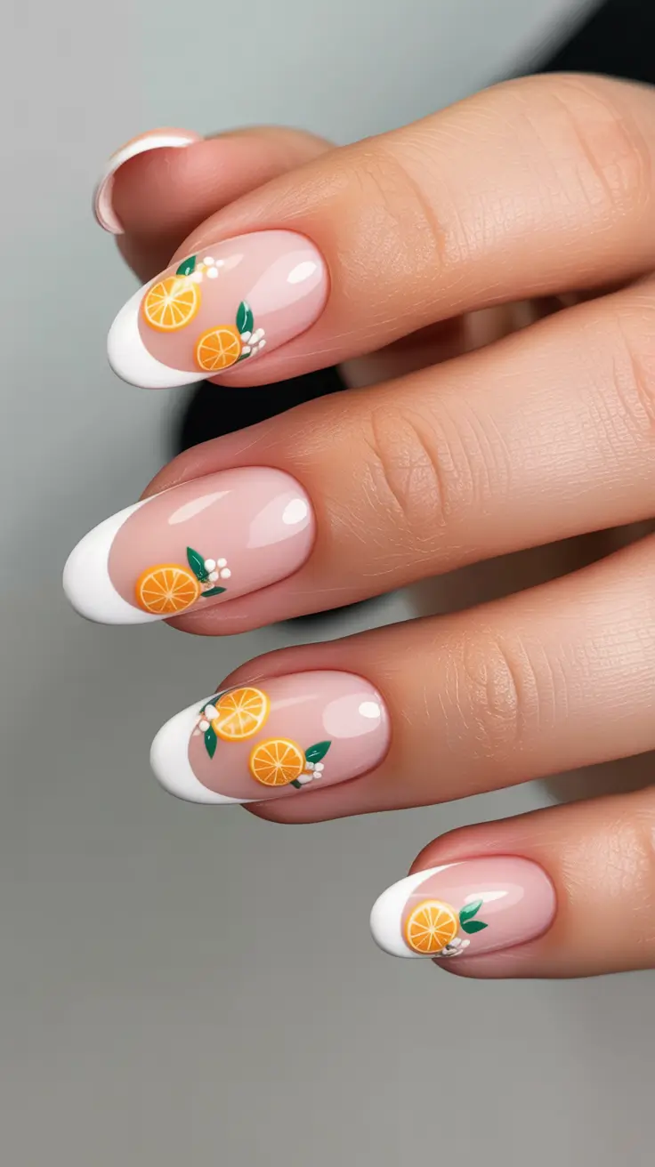 Stylish Acrylic Nails 2026 Short French Acrylics With Citrus Art