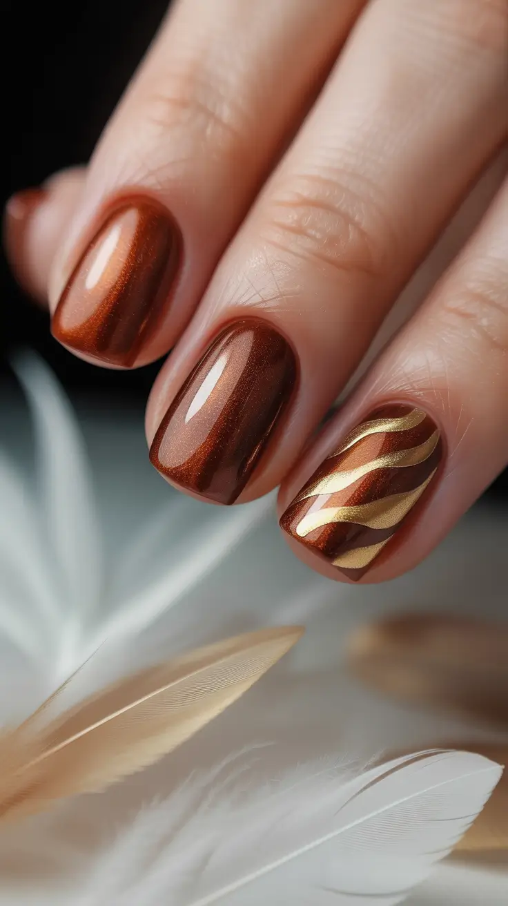 Stylish Acrylic Nails 2026 Brown Acrylic Nails With Gold Waves
