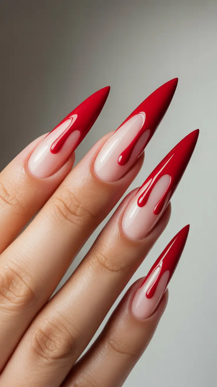 Stylish Acrylic Nails 2026 Long Red Acrylic Stilettos With Drip Effect