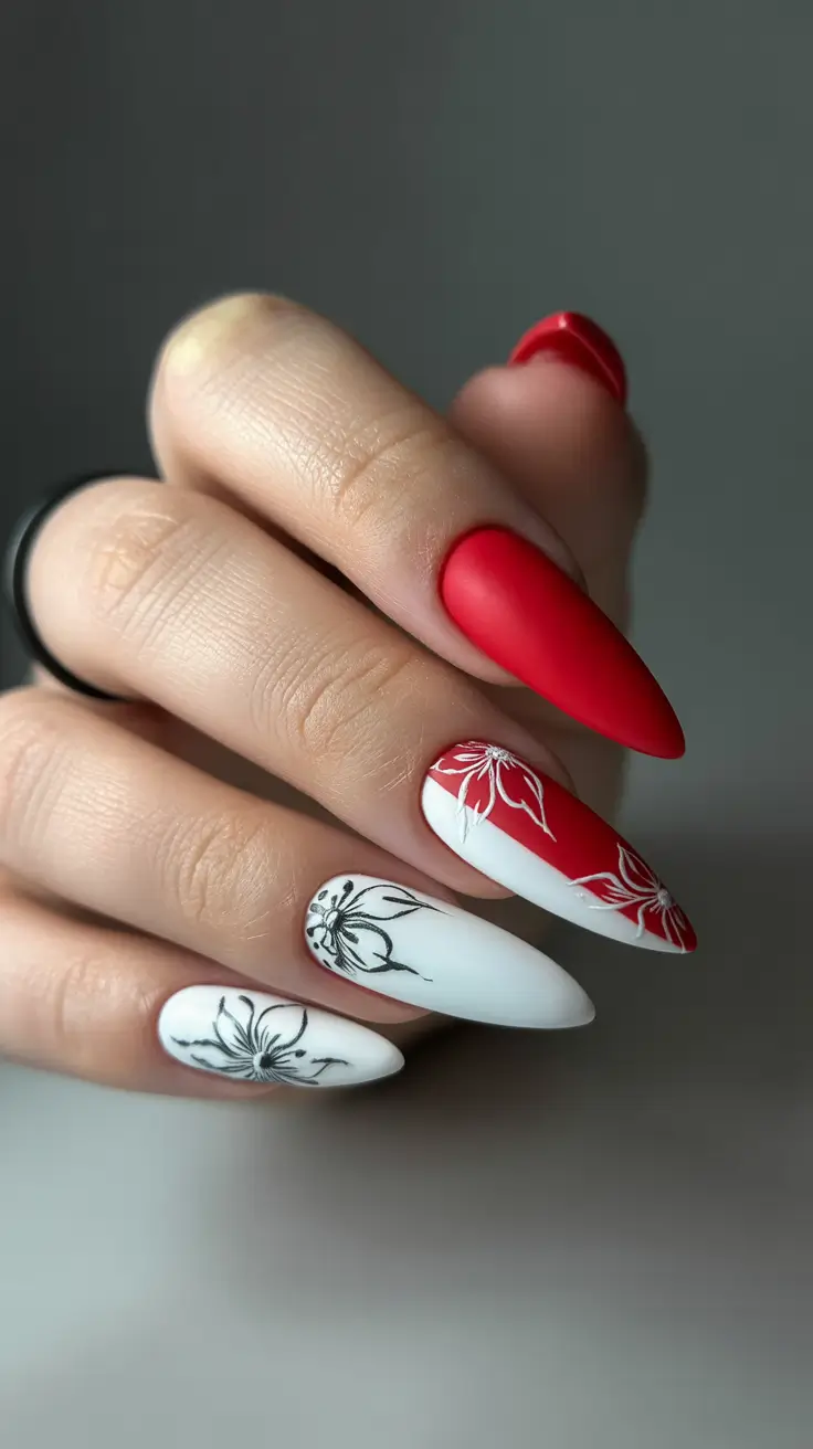 Stylish Acrylic Nails 2026 Red and White Floral Acrylic Stilettos