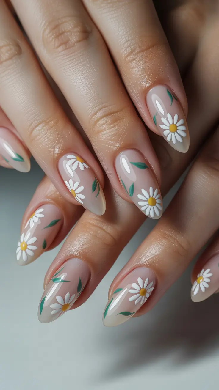 Stylish Acrylic Nails 2026 Natural Almond Acrylics With Daisy Art