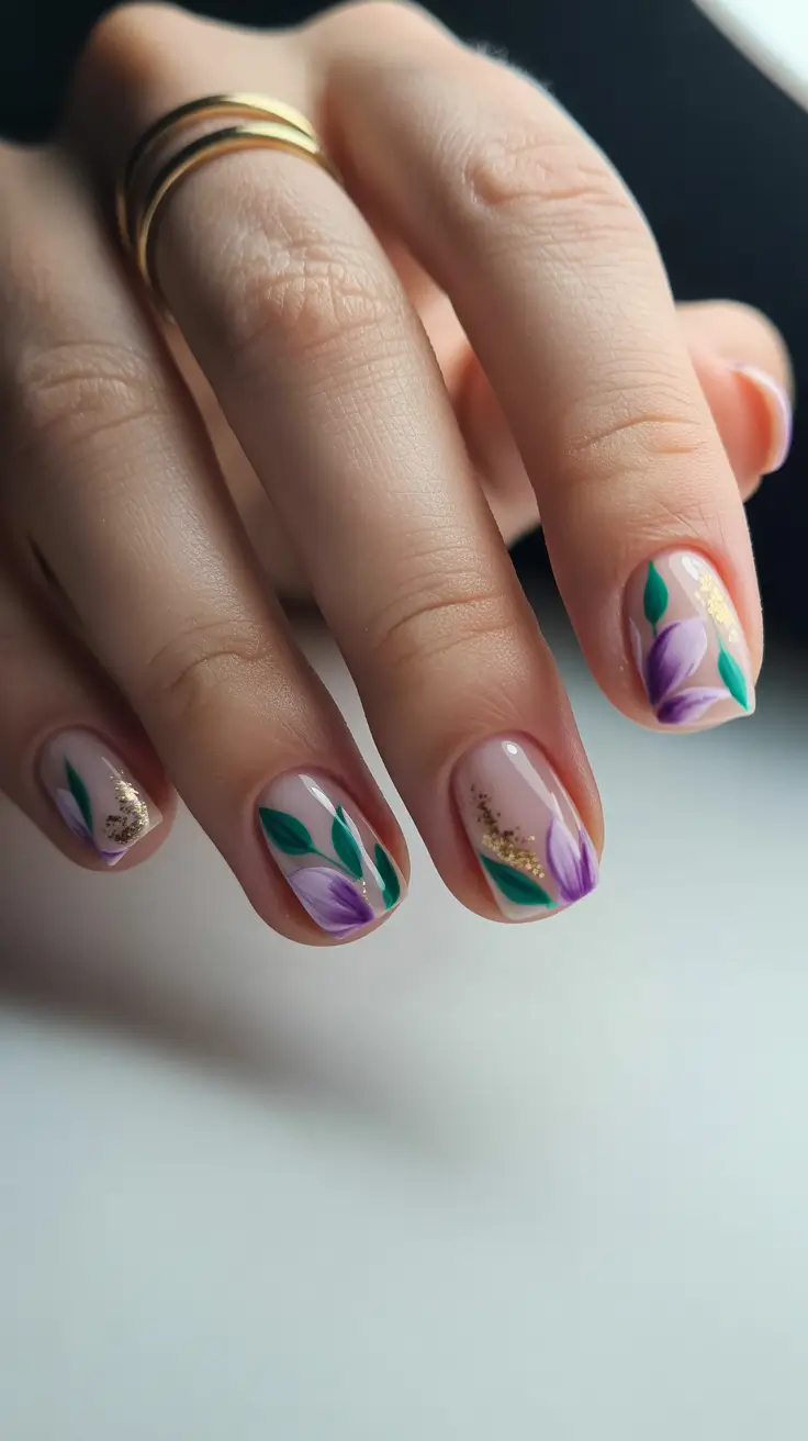 Stylish Acrylic Nails 2026 Short Nude Acrylics With Purple Floral Accents