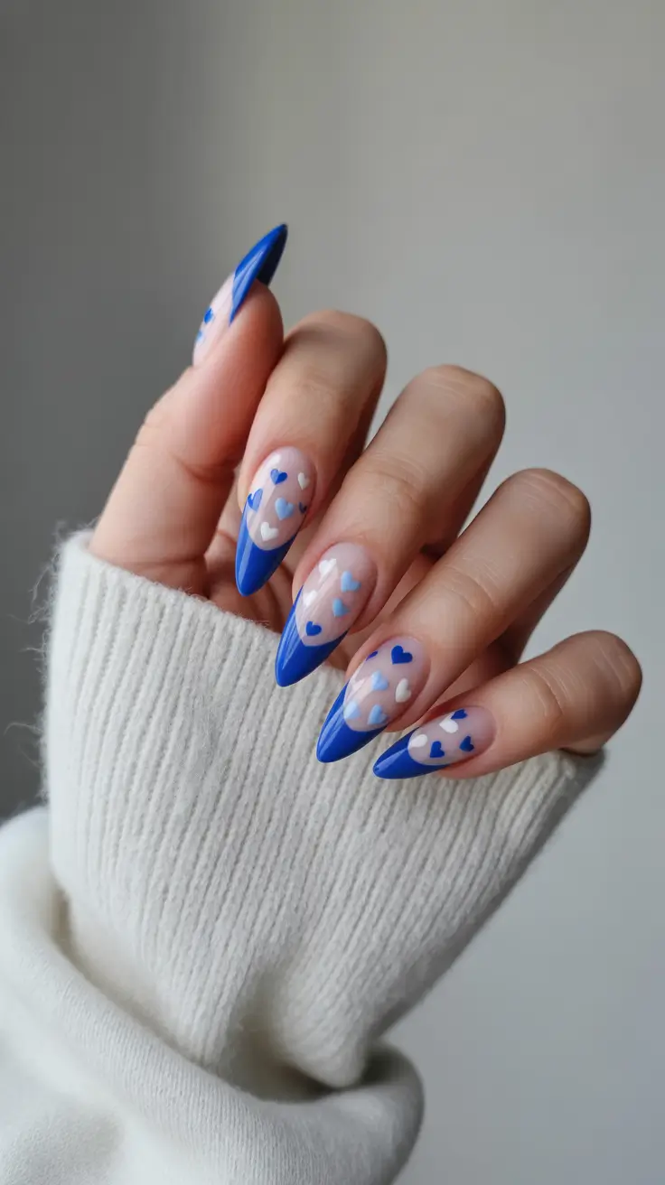 Stylish Acrylic Nails 2026 Blue French Acrylic Nails With Heart Details