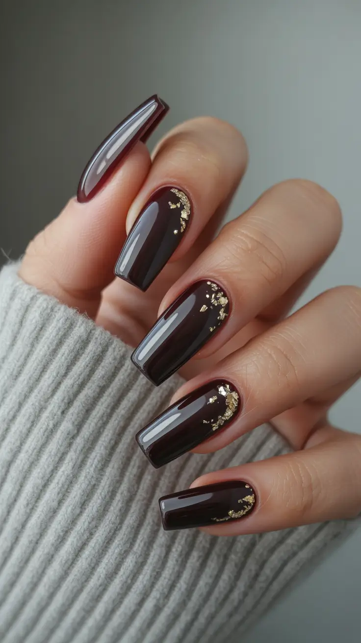 Stylish Acrylic Nails 2026 Brown Gold Detail