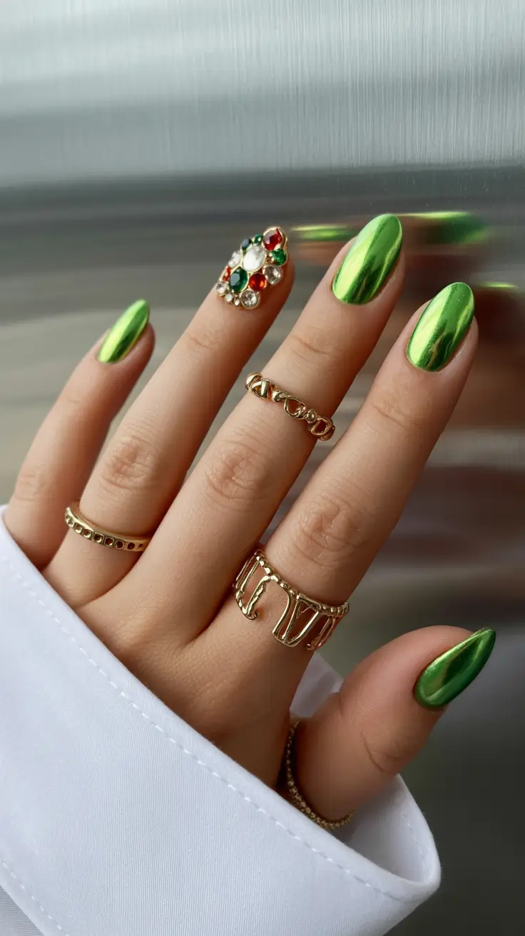 Stylish Acrylic Nails 2026 Green Chrome Almond