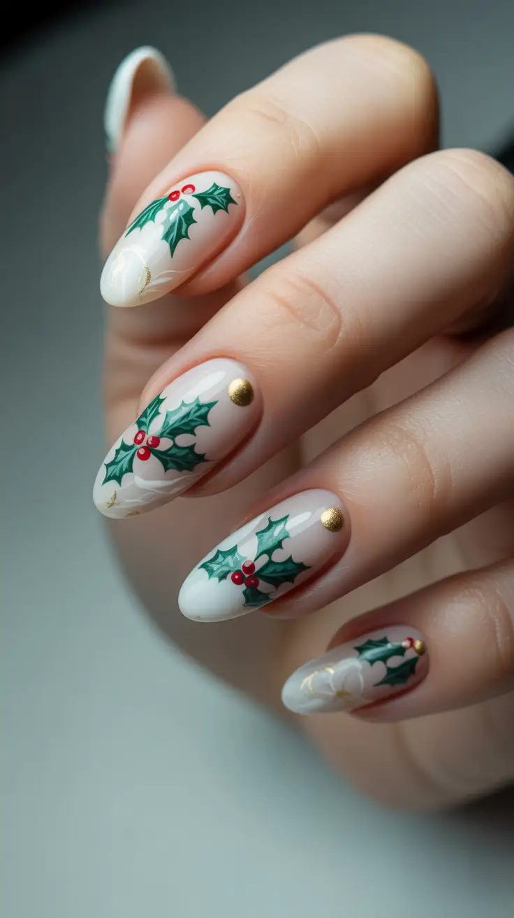 Stylish Almond Nails 2026 Festive Holly Charm