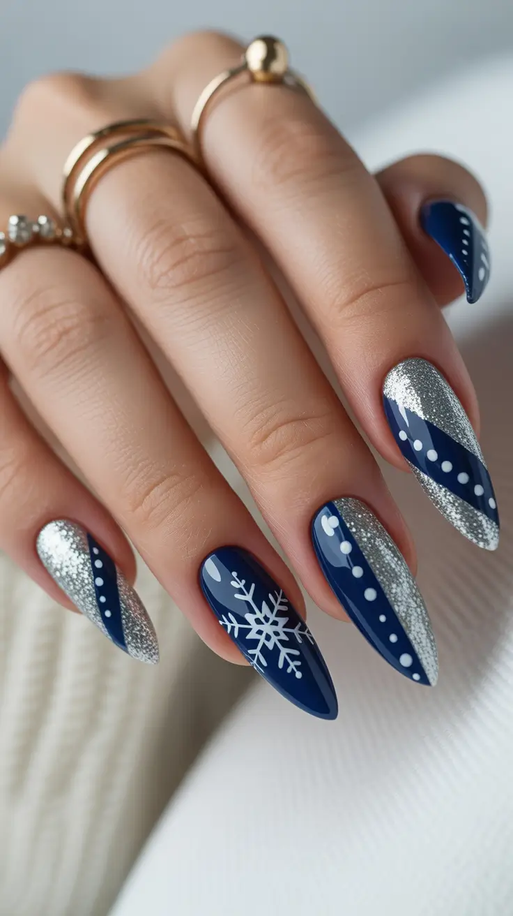 Stylish Almond Nails 2026 Silver Snow Night
