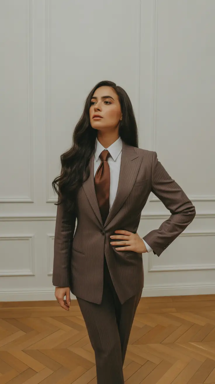 formal outfits for women 2026 Chocolate Pinstripe Charm