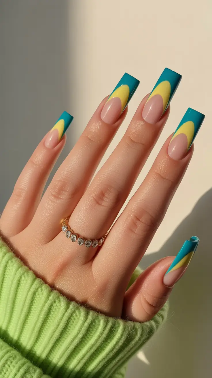 Stylish French Nails 2026 Graphic Green and Yellow French Tips