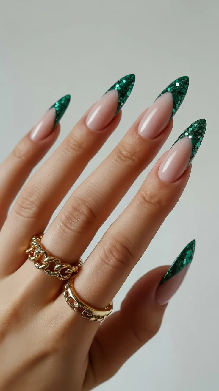 Stylish French Nails 2026 Emerald Glitter French with Natural Base