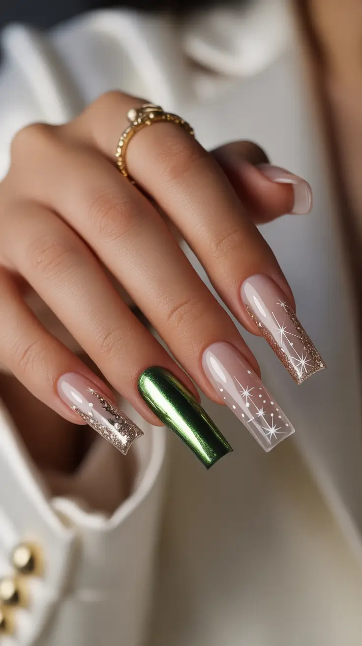 Stylish French Nails 2026 Champagne French with Green Chrome Accent