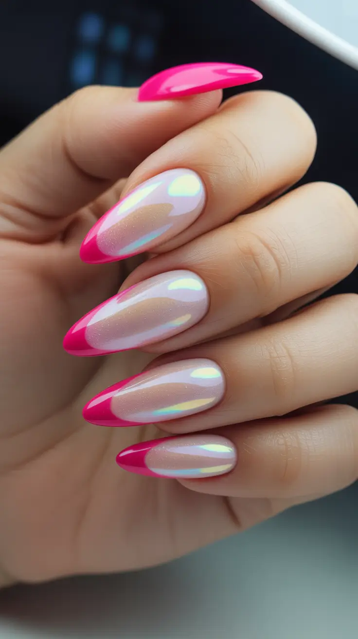 Stylish French Nails 2026 Pink Chrome French With Iridescent Shine