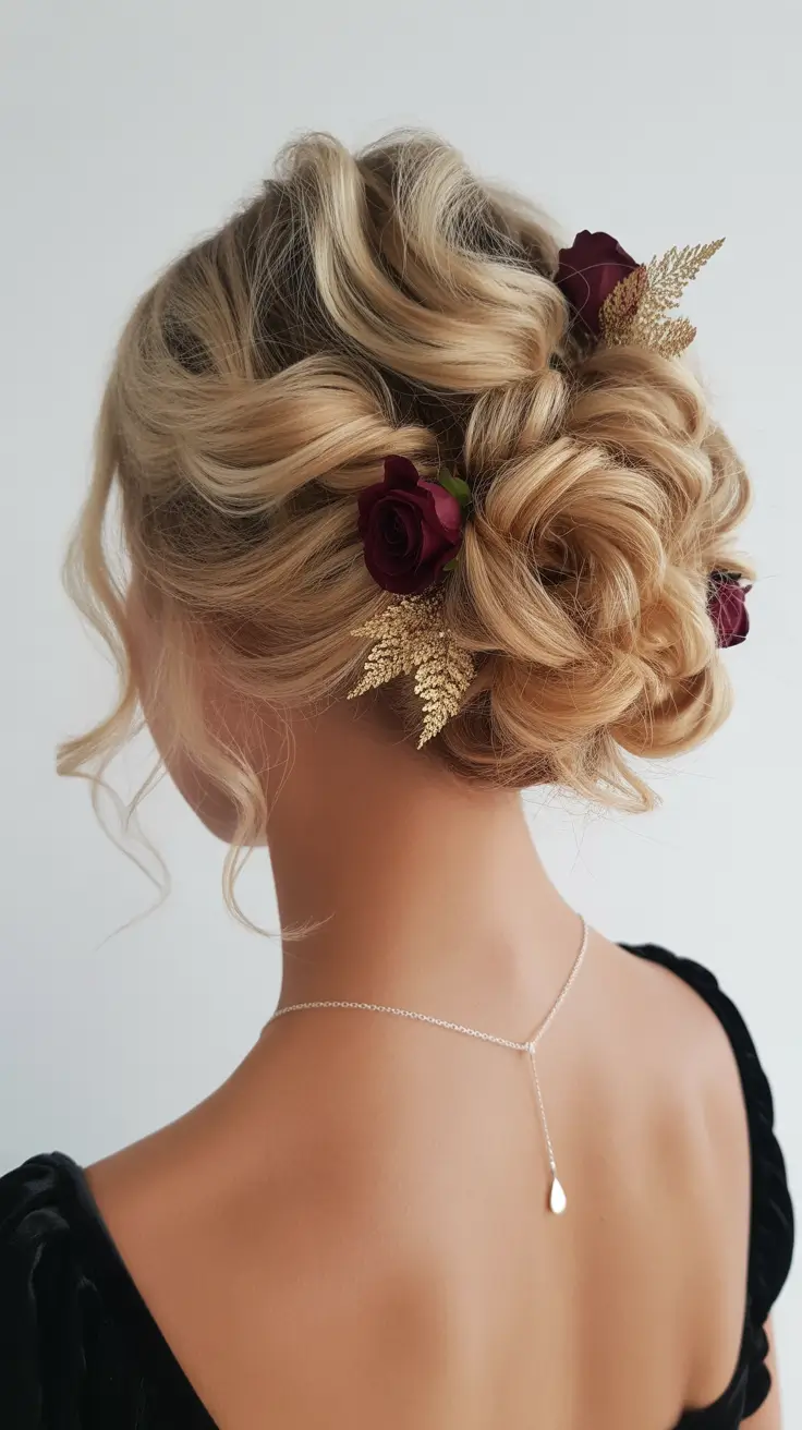 wedding hairstyle 2026 Crimson Bloom Updo