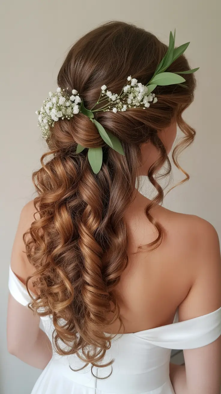 wedding hairstyle 2026 Romantic Curls with Greenery