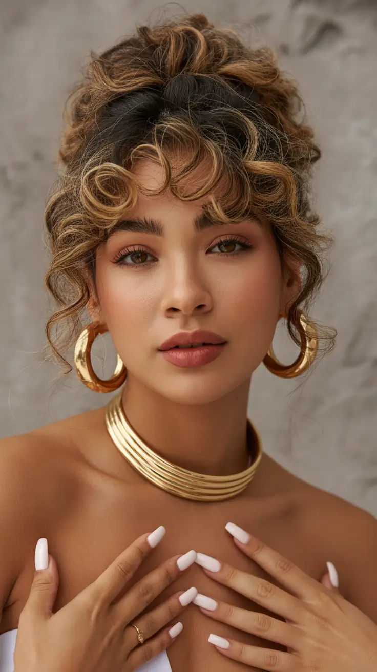 Trendy 2026 Hairstyles Ideas for Women Curly Updo with Chic Hoop Earrings