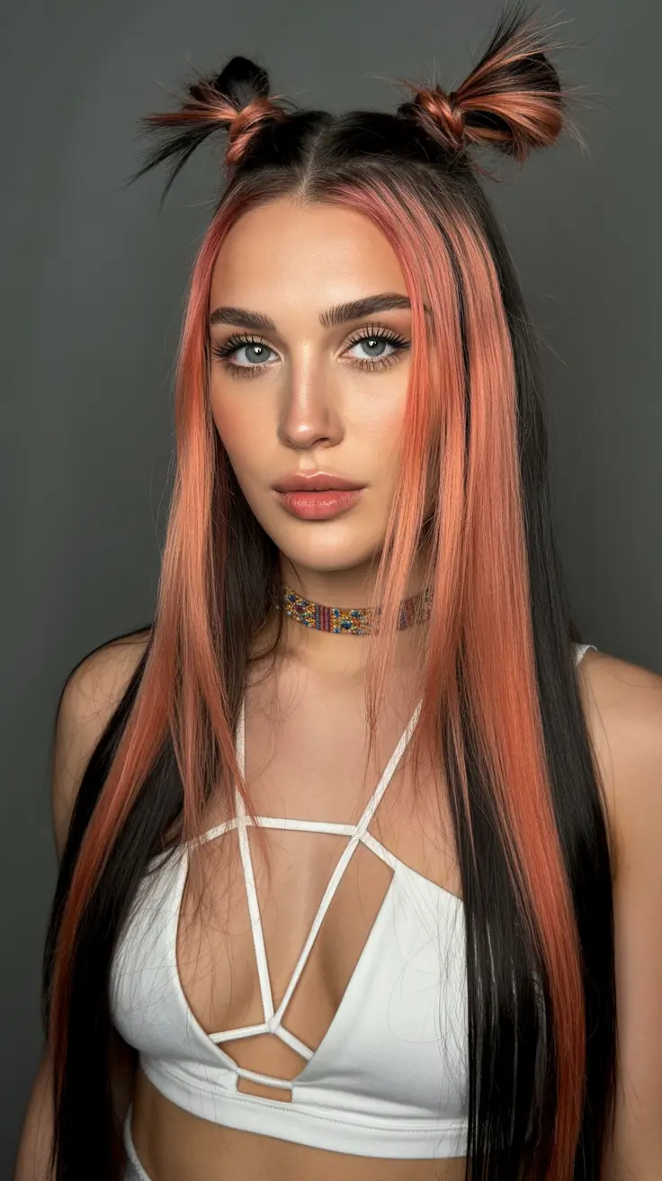 cute hairstyle 2026 Two Mini Buns with Bold Face-Framing Highlights