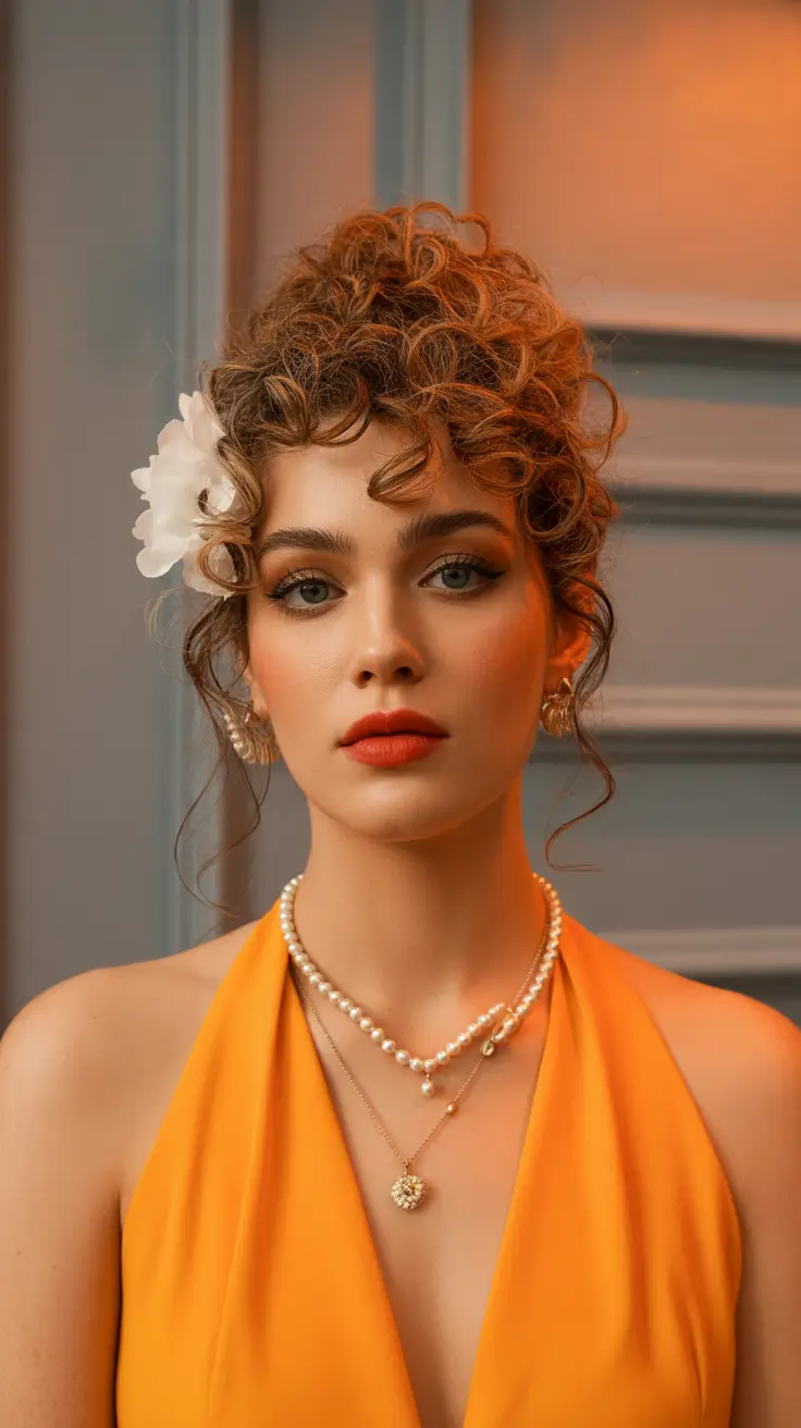 cute hairstyle 2026 Curly Updo with Floral Accent