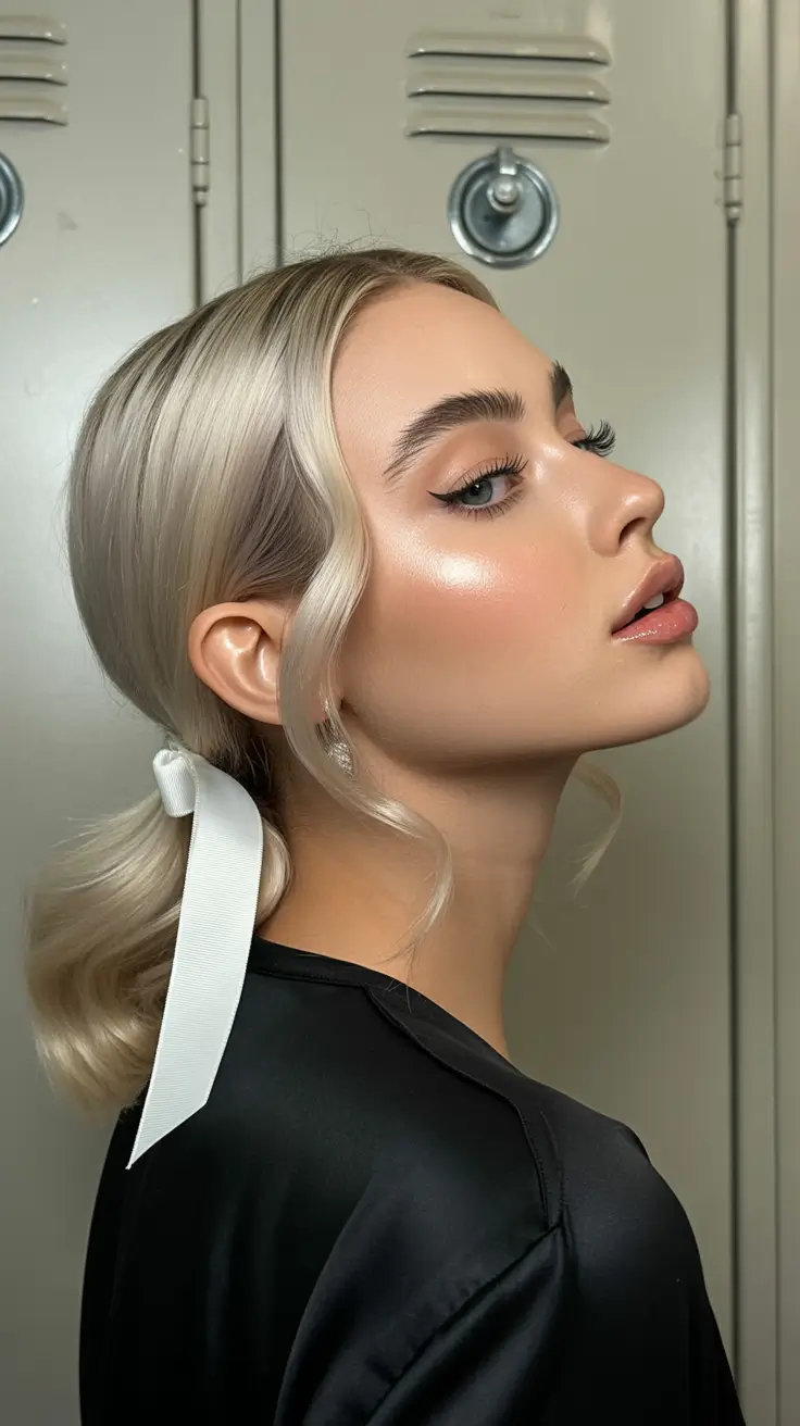 cute hairstyle 2026 Low Ribbon Pony with Romantic Waves