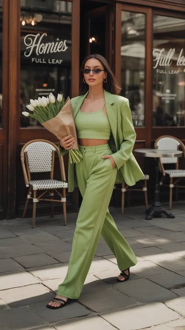 trendy outfits 2026 Mint Suit with Effortless Street Energy