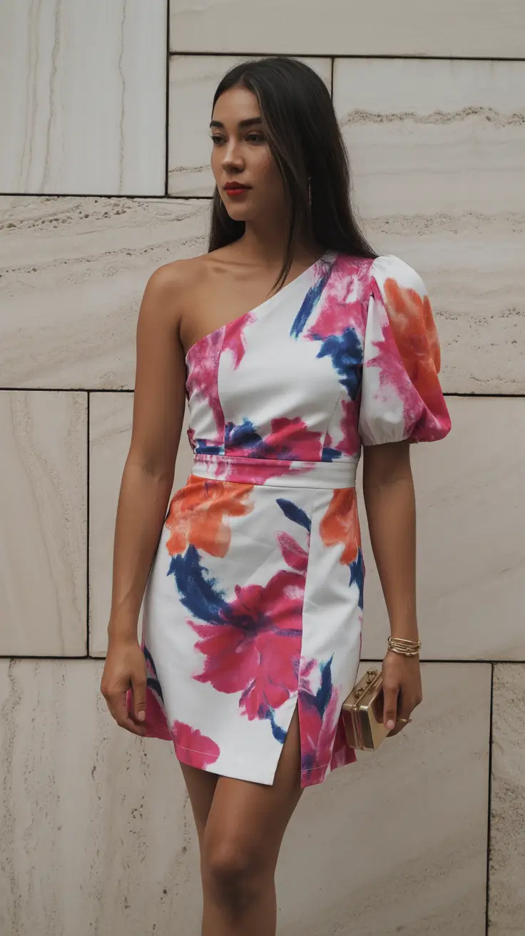 wedding guest outfits 2026 Floral Boldness The One-Shoulder Story