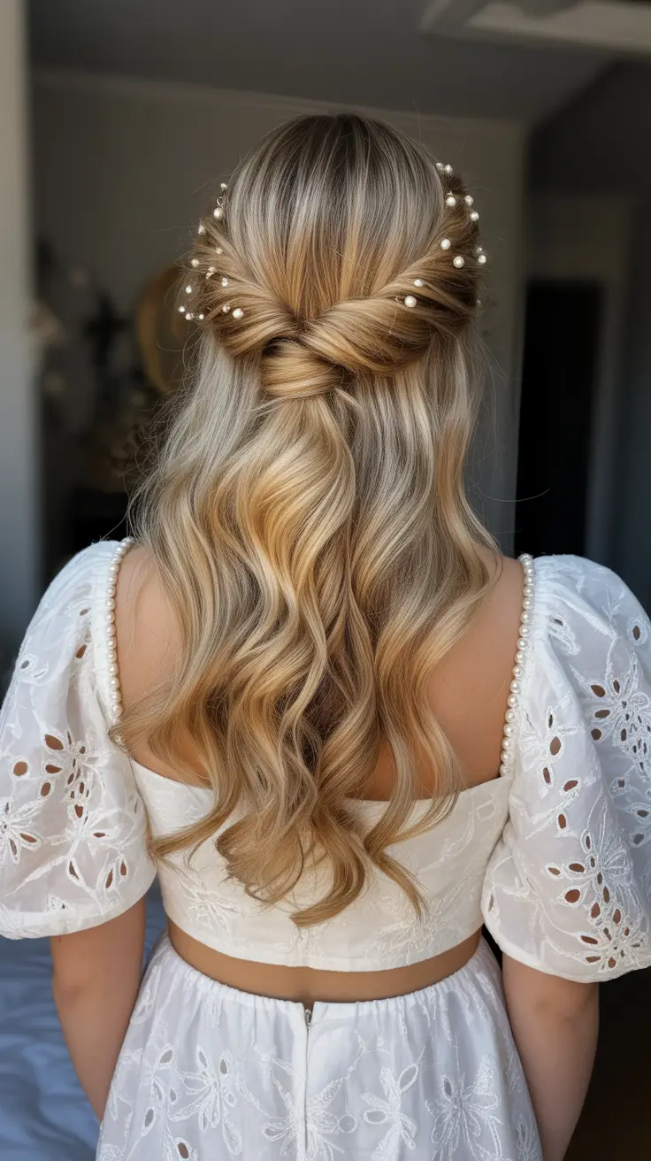 wedding hairstyle 2026 Pearl Kissed Half Up