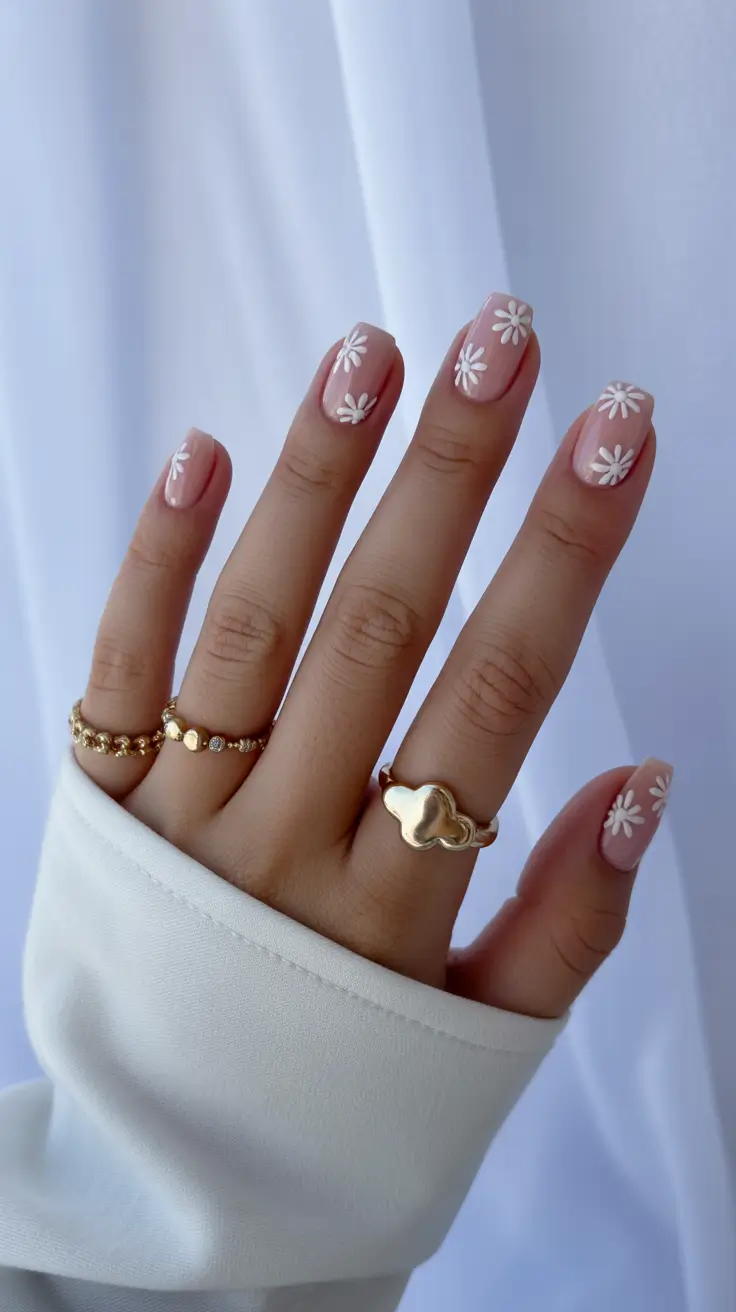 Wedding Nail Designs for Bride 2026 Blush Short Daisies