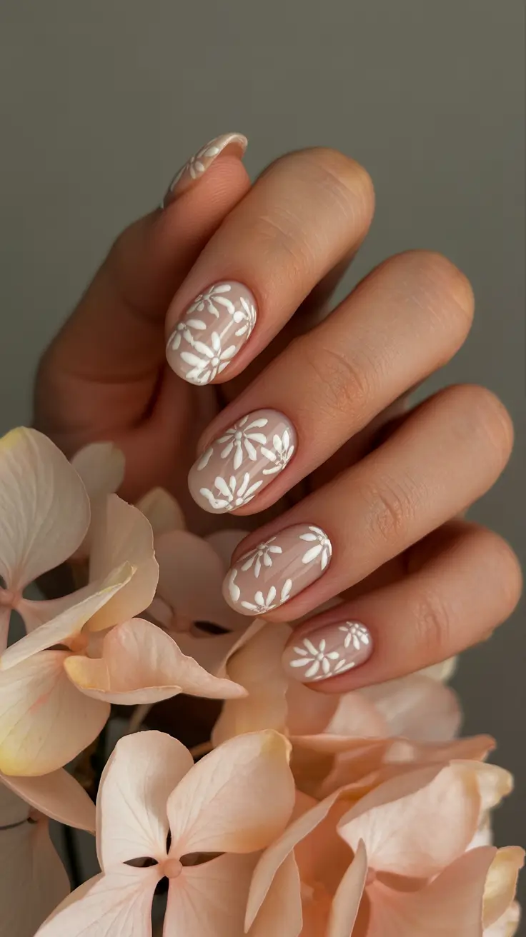 wedding nails 2026 Soft White Florals on Short Oval Nails