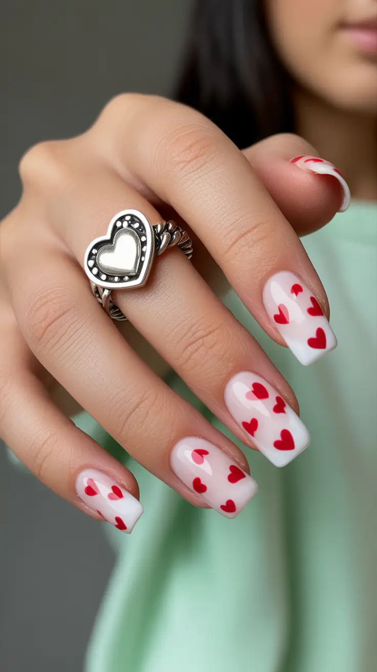 Wedding Nail Designs for Bride 2026 White Ombre Red Hearts