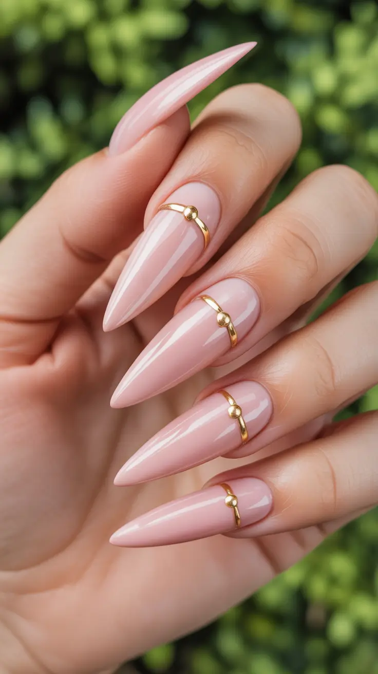 Wedding Nails Trend for Bride 2026 Pink Stiletto Gold