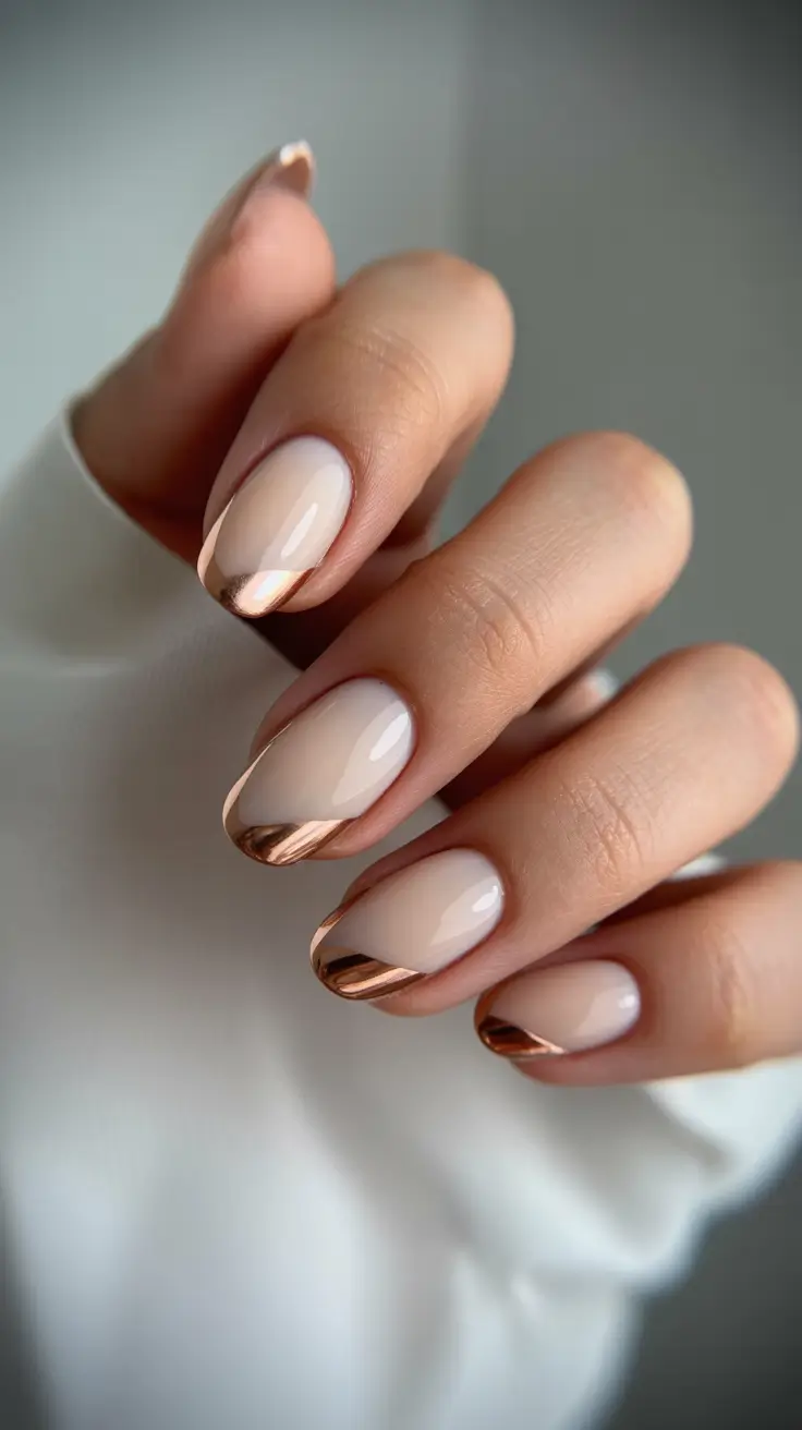 Wedding Nails Trend for Bride 2026 Short Nude Metallic