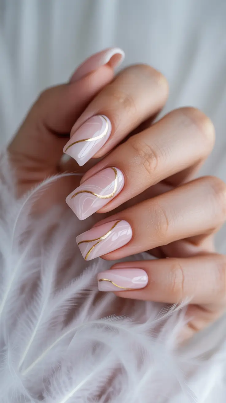 Wedding nails trend for bride 2026 Soft Pink Waves with Gold Lines