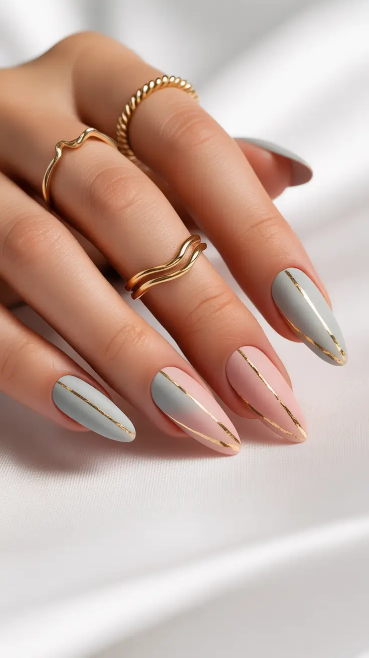 Wedding nails trend for bride 2026 Pastel almond nails with gold lines