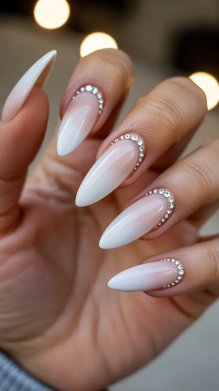 Wedding Nails Trend for Bride 2026 Almond French Crystal