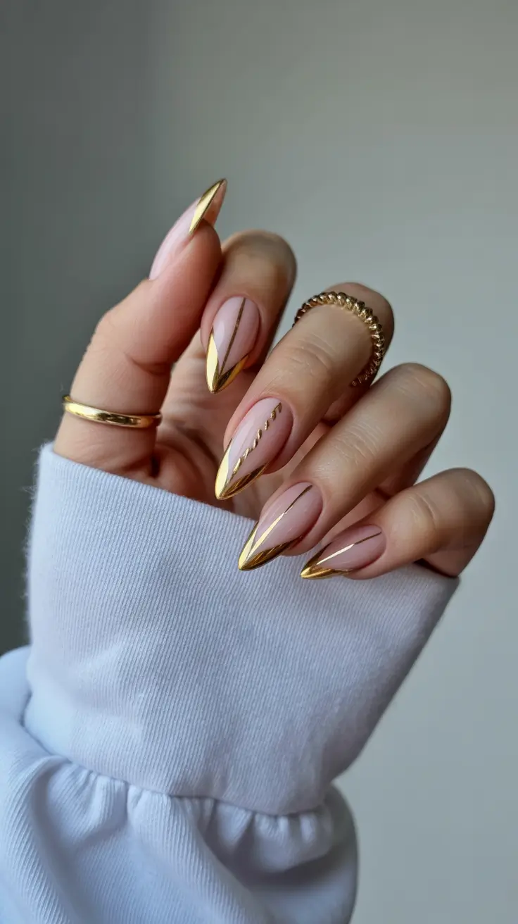 Wedding Nails Trend for Bride 2026 Nude Almond Gold Tips