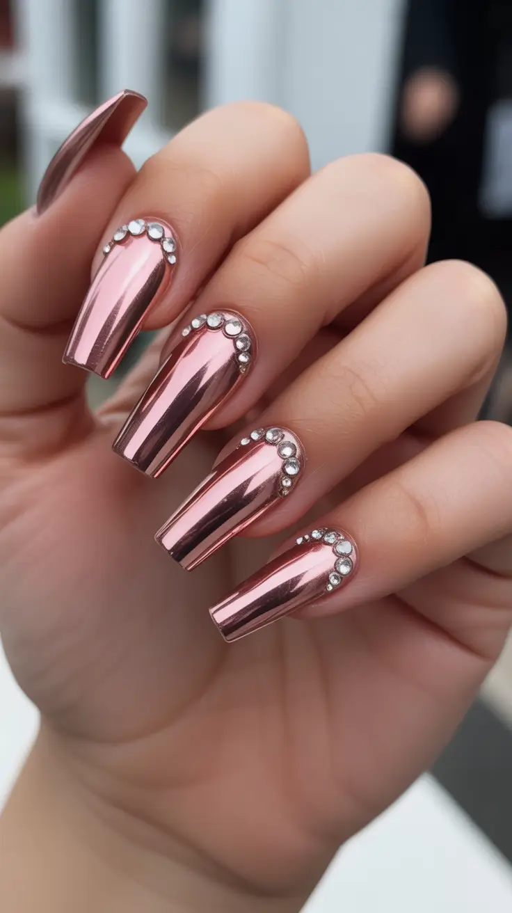 Wedding Nails Trend for Bride 2026 Rose Gold Square Chrome